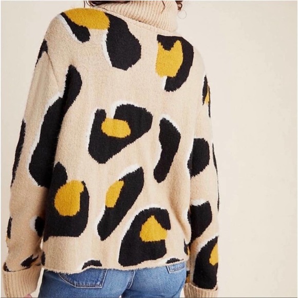Anthropologie Moth Georgia Leopard Animal Turtleneck Sweater Tan Black Sz Small - Picture 2 of 8